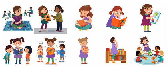 Fototapeta premium Set of flat vector illustrations of diverse children reading books and enjoying library activities