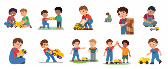 Fototapeta premium Children social skills and behavior set with boys playing, sharing, fighting, and feeling emotions with toy trucks