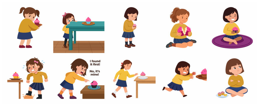 Little Girl Character Expressing Various Emotions and Behaviors with a Cupcake, Set of Cartoon Illustrations about Sharing, Anger, and Joy