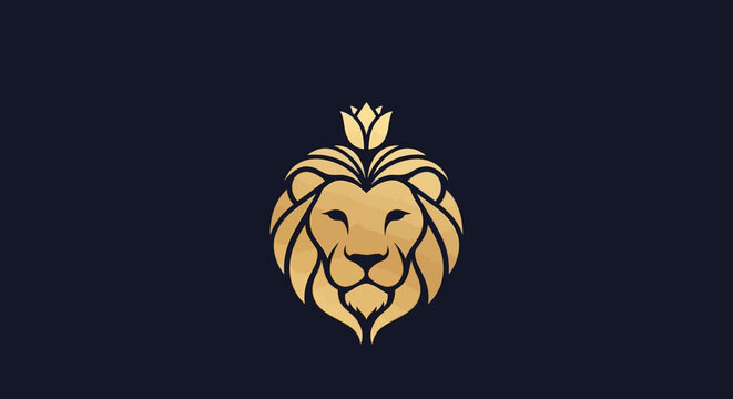 Luxurious golden lion head logo with royal crown.