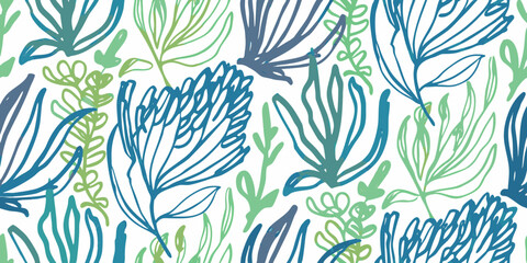 Fototapeta premium Botanical leaf pattern seamless vector illustration with teal and green tones