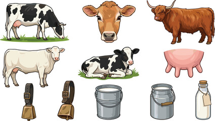 Dairy cattle farm vector illustration collection featuring holstein jersey and highland cows calf udder fresh milk cans bottle and bells © Akter