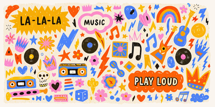 Retro music collage with vinyl records cassettes and musical notes