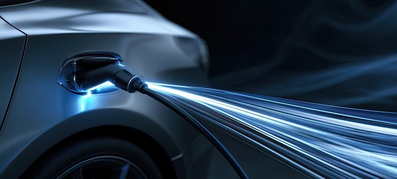 Close-up of an electric car charging port with blue energy streams