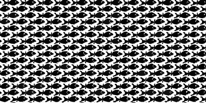 Fish pattern black and white vector illustration with repeating aquatic shapes