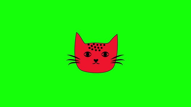 Front view cartoon orange cat face with whiskers and spots on bright green background