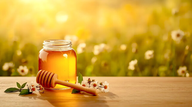 Natural Honey Jar with Wooden Dipper and Wild Flowers on Rustic Table, Organic Food Background