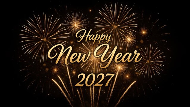 Happy New Year 2027 message with golden fireworks over a black background