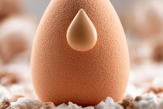 Close-up of a peach-colored beauty blender with a foundation drop