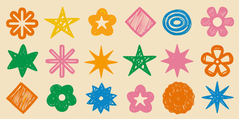 Hand Drawn Style Floral Ornament Set With Stars And Geometric Shapes © Suvro