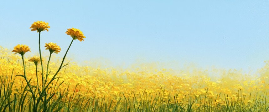 A gentle breeze rustles yellow wildflowers under a clear blue sky