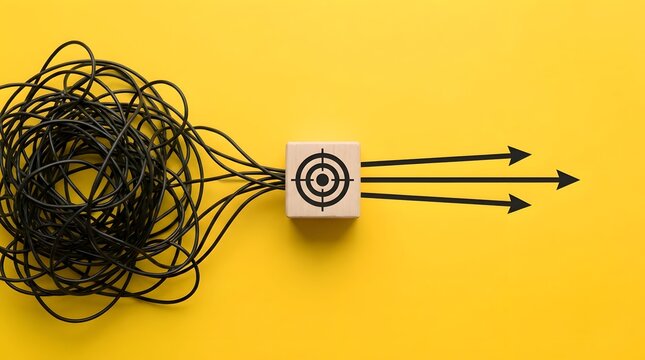 Concept of finding solutions from chaos to target with tangled wires leading to direct arrows on wooden cube over yellow background