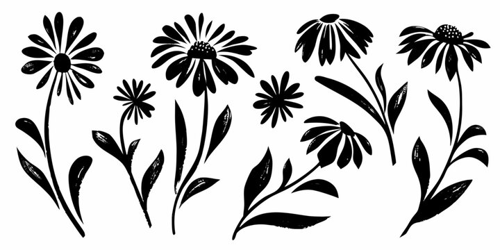 Wildflower silhouettes a black and white vector illustration on a white background