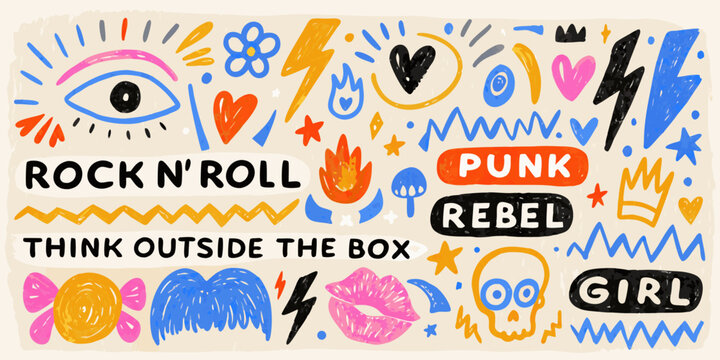 Punk rock themed doodle collection colorful vector illustration