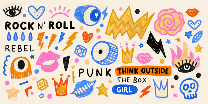 Punk rock themed doodle collection colorful vector illustration
