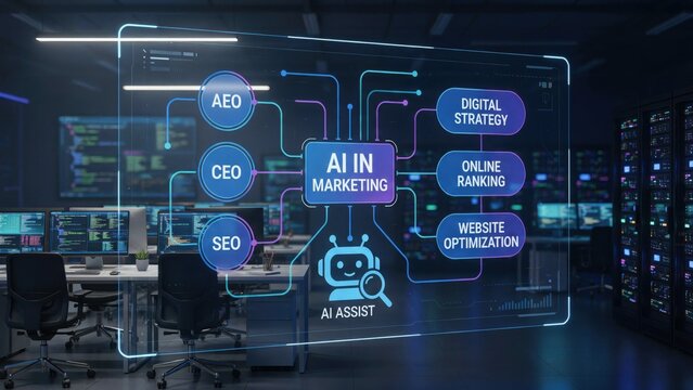 AI in Marketing Holographic Diagram in Modern Office
