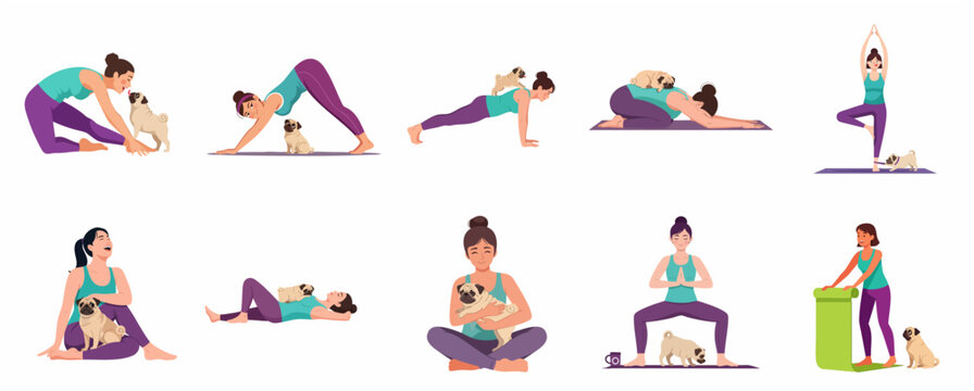 Set of Women Practicing Yoga Poses and Meditation with Cute Pug Dog, Healthy Lifestyle and Wellness Concept, Flat Vector Illustration Isolated on White