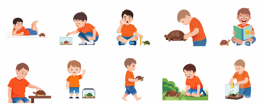 Cute Boy Caring for His Pet Turtle Illustration Set: Feeding, Cleaning, and Playing Scenes