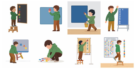 Fototapeta premium Set of Illustrations of a Young Boy Learning Numbers and Letters Using Magnetic Boards, Early Childhood Education and Numeracy Concept