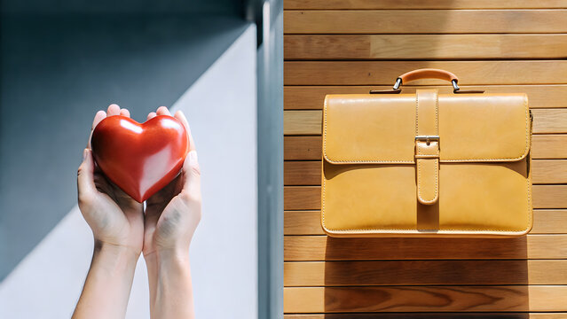 Warm mental health awareness work life balance Person holding heart and briefcase equally, life harmony concept