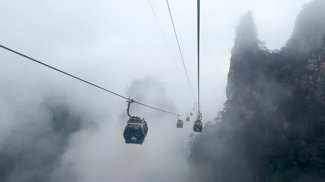 Cable car moving through thick fog over mountain peaks. Aerial tramway transport system transporting passenger high altitude landscape. Travel journey and tourism exploration concept background.
