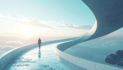 Fototapeta premium A businessman walks along a winding futuristic pathway high above the clouds at sunrise, symbolizing career success, ambition, visionary leadership, and the journey toward future goals.