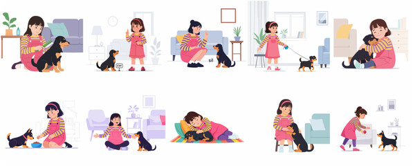 Cute Illustrations Collection of a Little Girl and Her Puppy Dog Showing Pet Care Training Feeding Playing and Bonding Activities at Home © Indrawatti