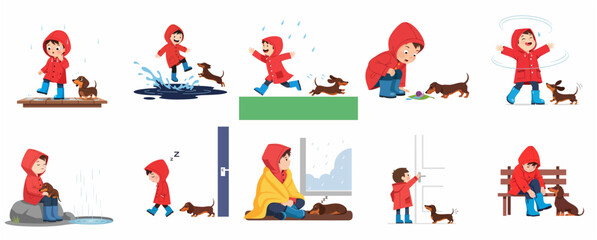 Cute little boy in red raincoat and his dachshund dog set of rainy day activities vector illustration