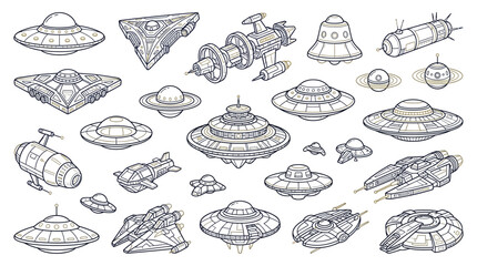Collection of diverse alien spacecraft and flying saucers in a hand-drawn sketch style, representing science fiction and extraterrestrial themes. © Nuria