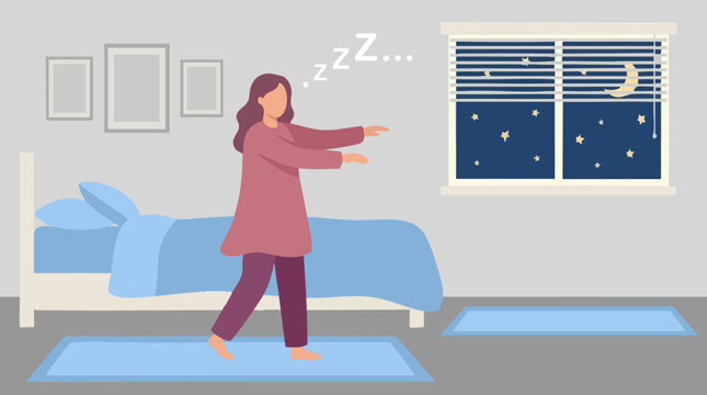 Woman Sleepwalking in Bedroom at Night, Flat Vector Illustration