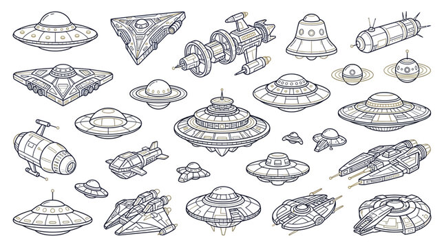 Collection of diverse alien spacecraft and flying saucers in a hand-drawn sketch style, representing science fiction and extraterrestrial themes.