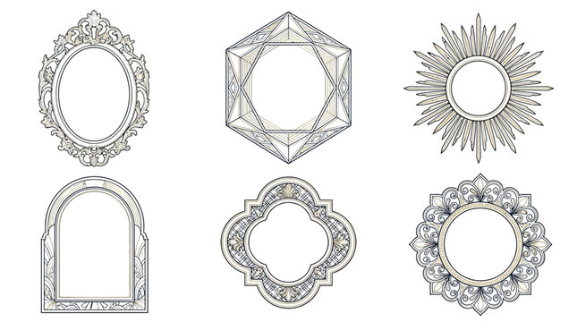 Collection of six ornate decorative frames and borders in various geometric and floral styles.