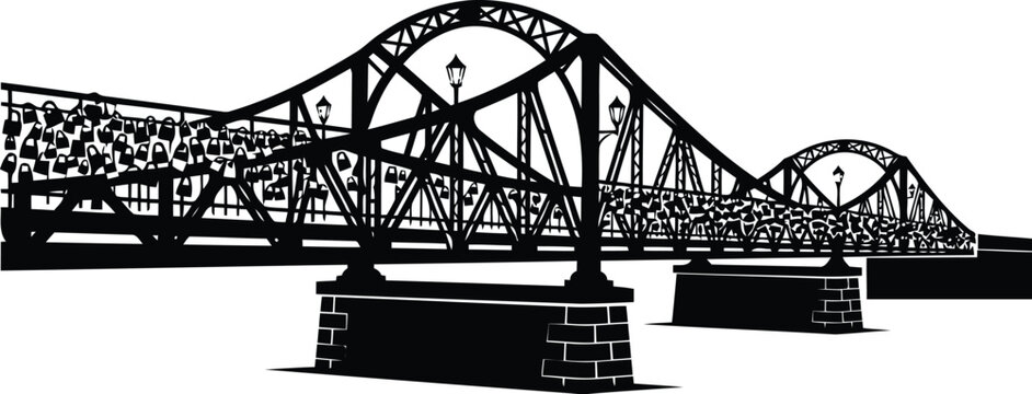 Black Silhouette of Historic Steel Truss Bridge Isolated on White Background