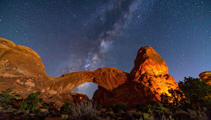 Fototapeta premium The Milky Way galaxy shines brightly over a glowing sandstone arch in a serene desert night sky. This stunning astrophotography scene evokes a sense of infinite wonder. Nobody.