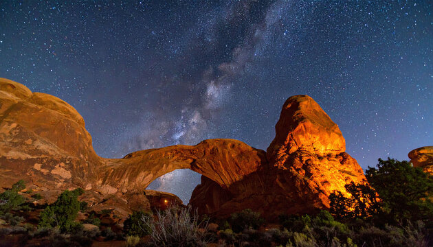 The Milky Way galaxy shines brightly over a glowing sandstone arch in a serene desert night sky. This stunning astrophotography scene evokes a sense of infinite wonder. Nobody.