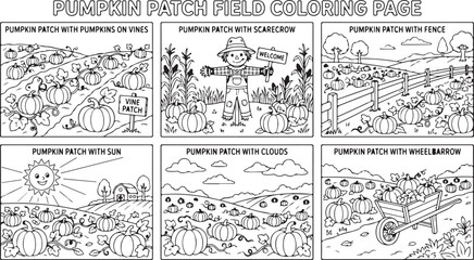 Obraz premium Pumpkin patch coloring pages scenes with scarecrow fence sun clouds wheelbarrow and corn.