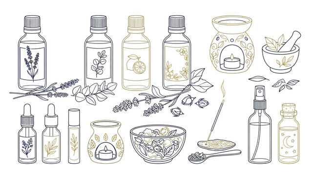 Collection of essential oils, aromatherapy tools, and natural ingredients for wellness and relaxation.