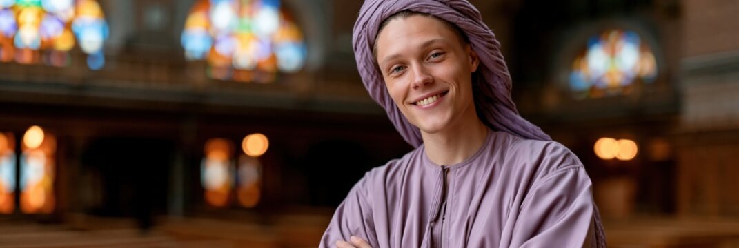 Smiling young man in turban portrait inside ornate mosque interior for poster background and editorial design
