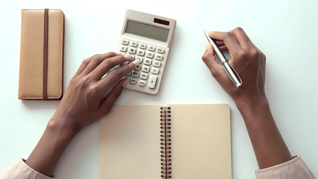 Cheap holiday inspiration, Close-up of hands calculating travel expenses with calculator and notebook, clean desk setup Budget travel planning concept.