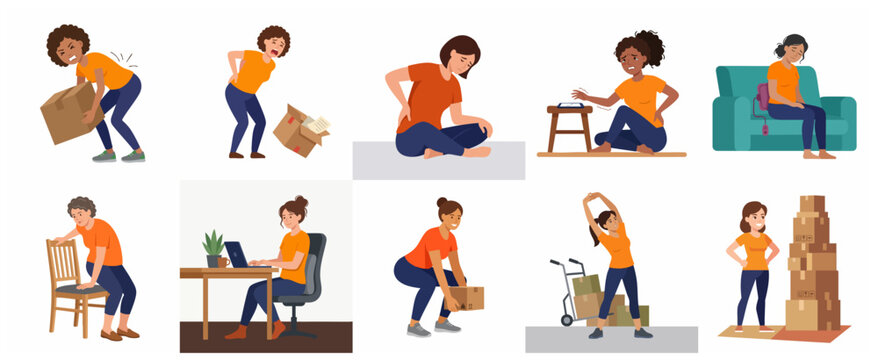 Women suffering from back pain due to improper lifting and poor posture set, including ergonomic tips, correct lifting techniques, and spine health illustrations
