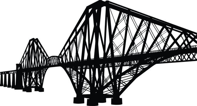 Black Steel Truss Bridge Silhouette Isolated on White Background, Industrial Infrastructure Design