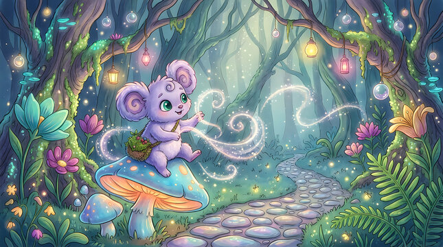 Cute fluffy purple creature casting magic in a glowing forest