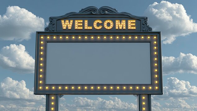 Ornate marquee sign with "WELCOME" illuminated, under cloudy skies