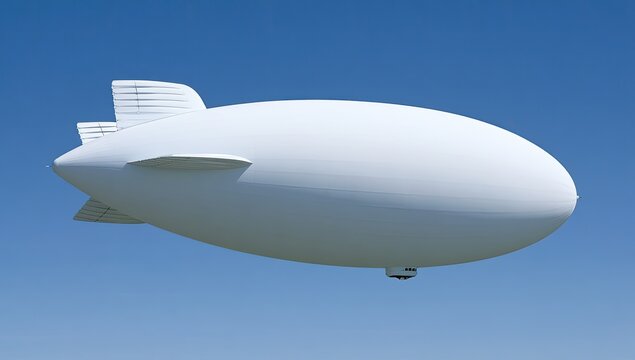A large, smooth, white airship floats serenely against a clear blue sky