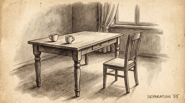 Vintage hand drawn sketch of an empty wooden dining table and chair in a cozy room interior with furniture illustration interior artistic woodwork isolated backdrop furnishing domestic