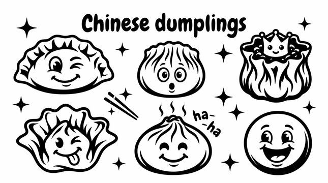 Chinese dumplings vector collection isolated for Asian cuisine, traditional meals, street food, and restaurant designs. Black and white sketch style featuring fillings, and cultural food elements