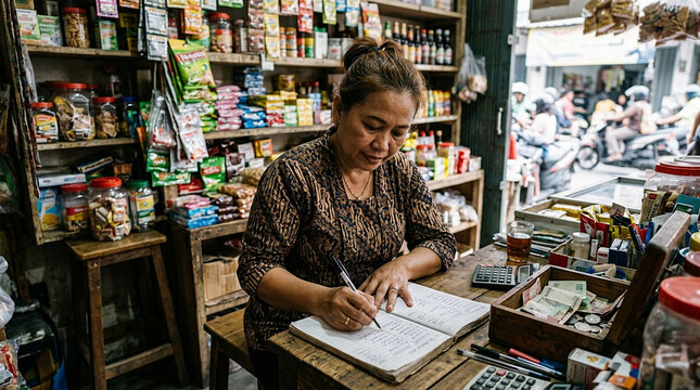 Indonesian woman in batik writing sales records in ledger at busy traditional grocery store
