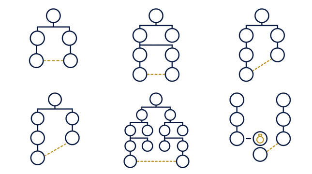 Set of six organizational charts or flowcharts with circles and connecting lines, illustrating different structures and relationships.