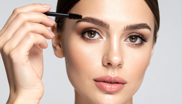Retrato en primer plano de una mujer joven modelo con una piel facial suave y saludable maquill&aacute;ndose las cejas con un l&aacute;piz cepillo de cejas