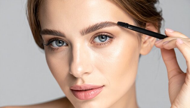 Retrato en primer plano de una mujer joven modelo con una piel facial suave y saludable maquill&aacute;ndose las cejas con un l&aacute;piz cepillo de cejas